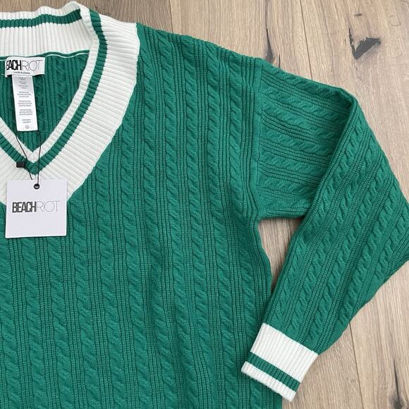 NEW BEACH RIOT Size XL Montana Sweater Green White Cable Knit V Neck Cozy Knit - Picture 4 of 9